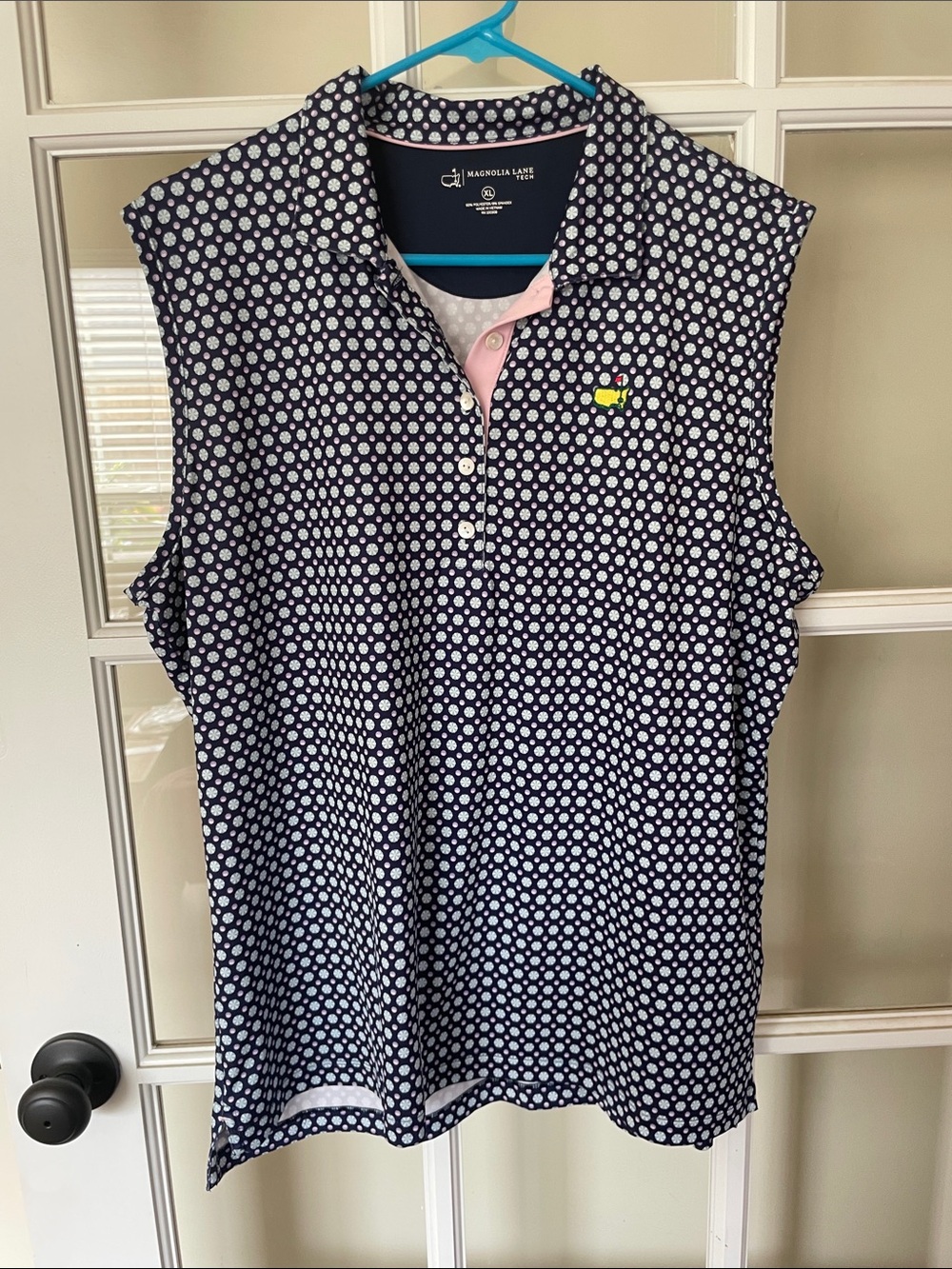 Magnolia Lane Masters Navy Polka Dot Sleeveless Polo with Pink Trim